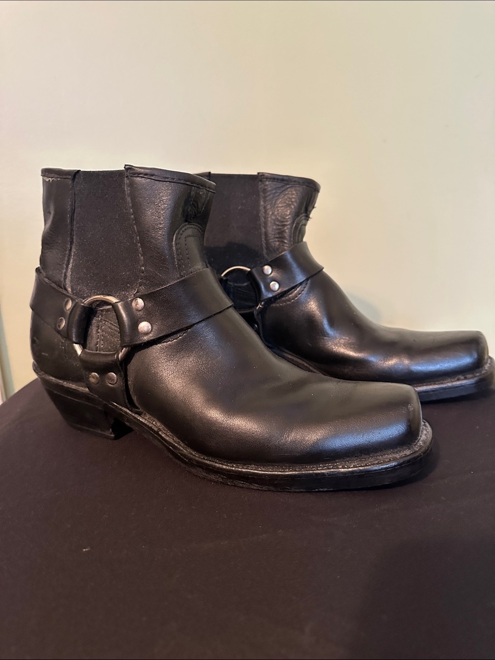 Frye Black Leather Harness Ankle Boots